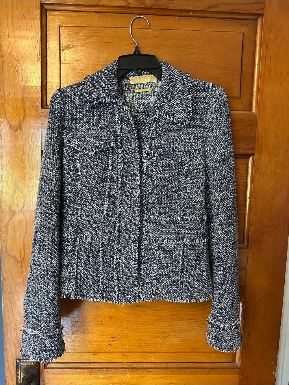 Michael Kors Navy Tweed Fringed Collar Jacket - Sample Size